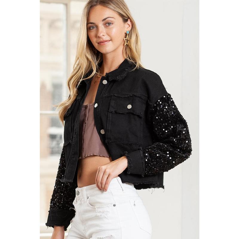 Black Sequin Sleeve Pocketed Raw Hem Denim Jacket