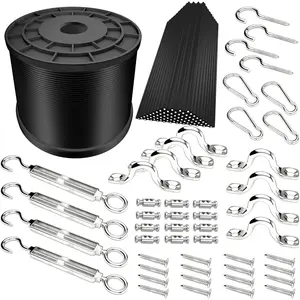 Outdoor String Lights Hanging Kit, Globe String Lights Suspension Kit, 164ft Black Vinyl-Coated 304 Stainless Steel Cable String Light Guide Wire with Hook & Eye Turnbuckle Wire Rope Tension