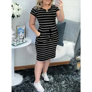 Women's Knit Casual Striped Drawstring Bodycon Dress - Round Neck, 2 Pockets, Gray Stripes, Cozy Polyester Fabric, Lady's Casual Clothes, Suitable for Spring/Summer Womenswear