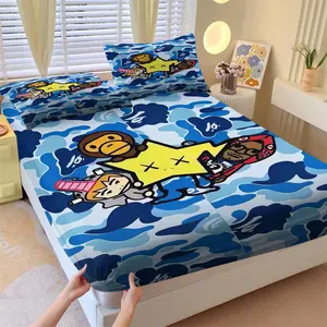 3 Piece BAPE Shark Fitted Sheet, Bed Sheets Set, Fashionable Ape Head Camouflage Print,Including 1 Bed Sheet and 2 Pillowcases,Non Slip Dust Cover Suitable for Bedroom and Guest Room Bedding,Suitable for Personal Use or Gift Giving