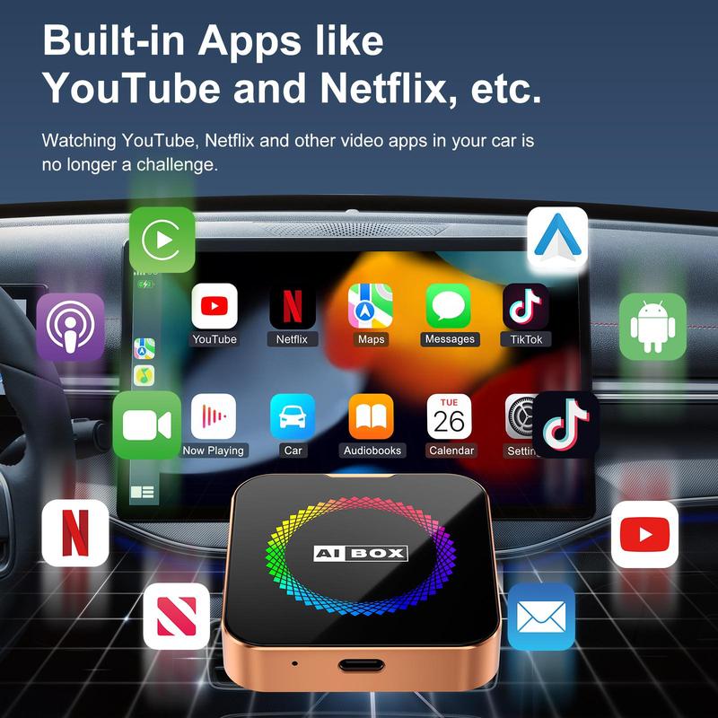 2026 Ai Cube Pro Max 4-in-1 Wireless CarPlay Adapter | Watch Netflix & YouTube | Android Auto Ai Box with TF Card Slot, MirrorLink, Plug & Play for Cars 2016+