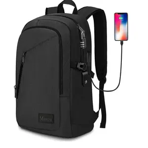 Mancro 15.6in Laptop Backpack, Slim Business Computer Bag with USB Charging Port and Anti-Theft Lock for Men Women, Black