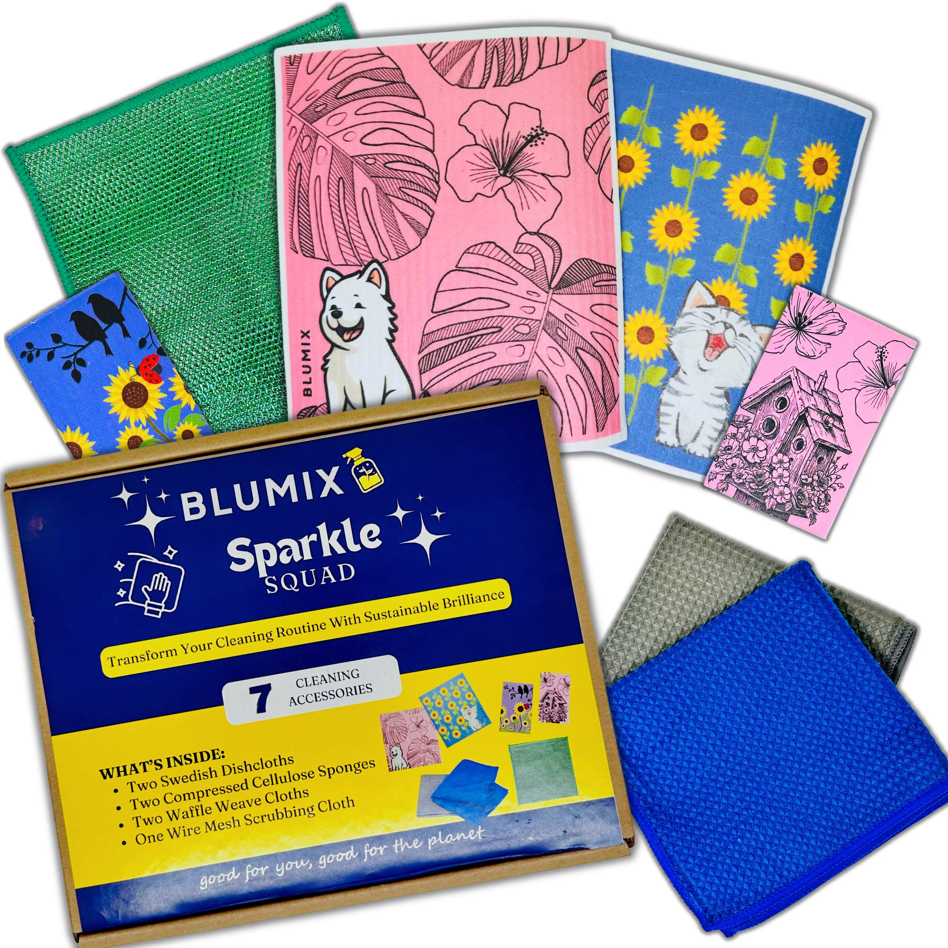 Blumix 7 Piece Ultimate Cleaning Kit-Includes 2 Swedish Dishcloths+2 Cellulose Sponges+2 Glass Cleaning Microfiber Cloths+1 Kitchen Scrubbing Cloth