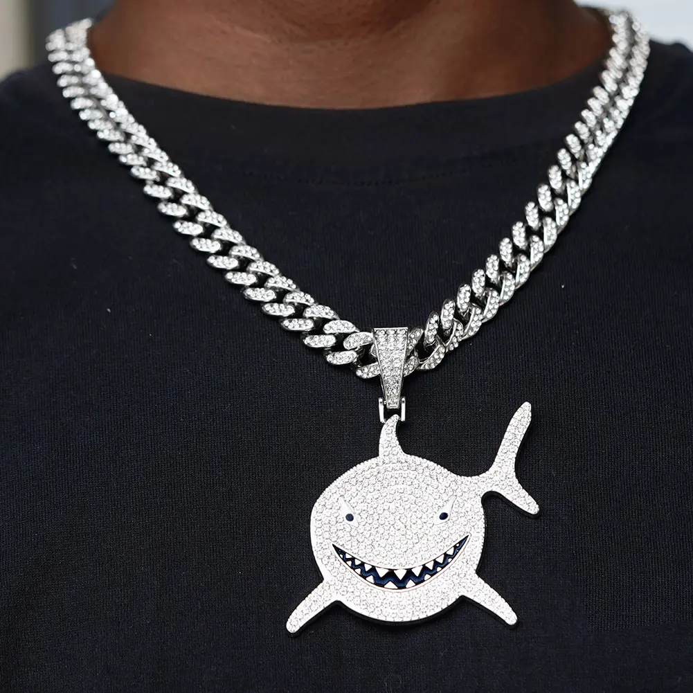 1 Piece Shiny Big Shark Pendant Necklace - Ice Cuban Chain Hip Hop Charm Choker for Men and Women - Fashionable Statement Jewelry with Durable Clasp and Adjustable Length
