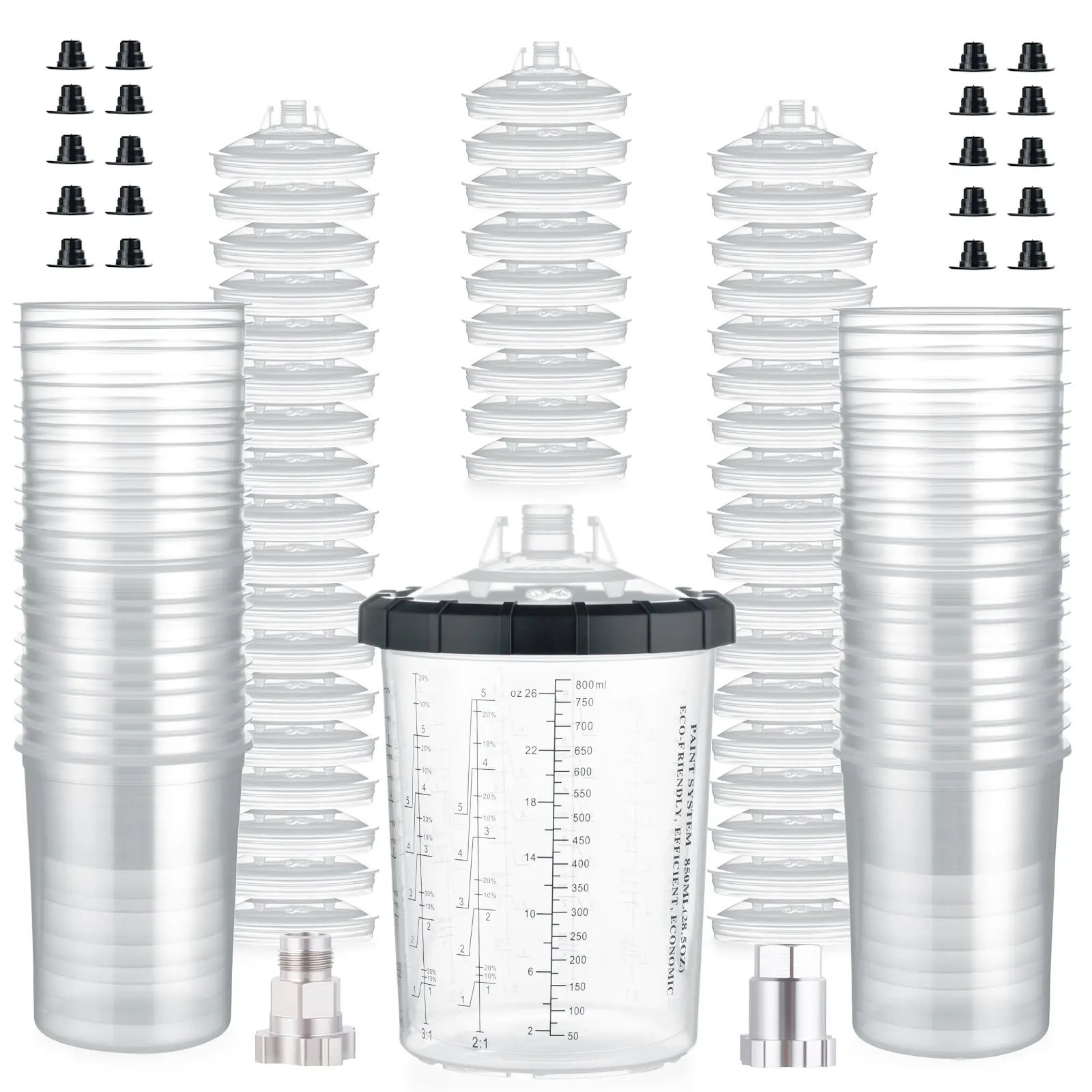 AEROPRO Tools Disposable Paint Cup Liners & Lid System Kit, 28oz (800ml) for Spray Guns - 50 Liners, 50 Strainer-Equipped Lids, 1 Hard Cup with Retainer Ring, 20 Plugs, 2 Adapters, Paint Sprayer Accessories Spray Painting Tool Paint Spraying Tool