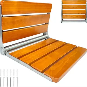 450lb Capacity ADA Folding Shower Seat, Wall Mounted Teak Bench with 316 Stainless Steel Frame, Handicap Accessible Bathroom Safety Chair