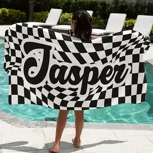 [Custom] Cool Plaid Text Beach Towel Personalized Text Beach Towel, Quick-Drying, Non-Sticky Soft Microfiber, Beach, Travel Essential Camping, Seaside, Swimming Pool Beach Towel, Gift for Friends