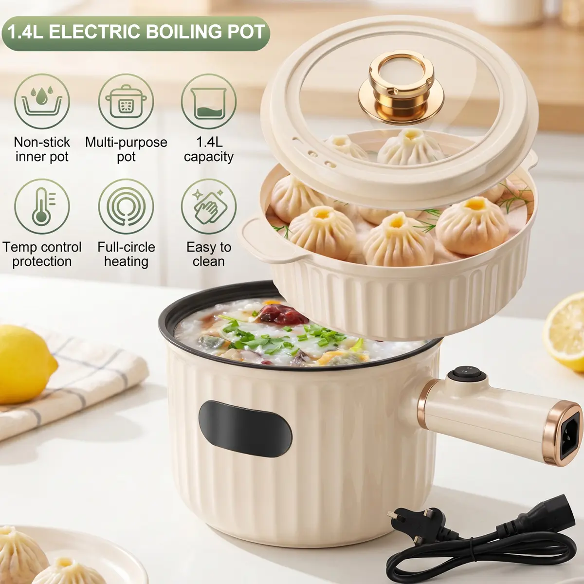 1.48-Qt 2-in-1 Electric Hot Pot (Boiling Pot, Multifunctional Cooker) with Steamer & Lid, Non-Stick Portable Kitchen Appliance, Dual Power Temp Control, Cool-Touch Handle, Overheat Protection, Detachable Cord for Dorms, Soup, Ramen
