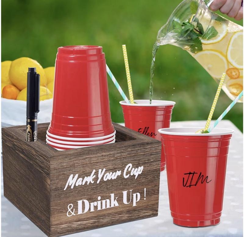 Wooden Cup Holder - Party Cup Holder with Marker Slot, for Party and Wedding, Rustic Disposable for Bar, Kitchen, Countertop, Home & Office, Brown
