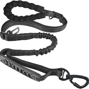 Tactical Dog Leash Heavy Duty, Shock Absorbing Bungee Lead with 2 Padded Handle, Metal Clip, Car Seatbelt, Strong No Pull Leash for Medium Large X-Large Dogs