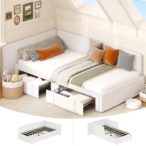 Twin Daybed with Storage Drawers, Velvet Upholstered Corner Bed Frame with Headboard, Modern Kids Bed with Bed Rails for Living Room, Bedroom, Easy Assembly, Beige