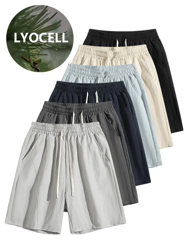 Men’s linen casual shorts featuring an elastic drawstring waistband, a loose fit, side pockets, suitable for everyday commuting and home wear in summer.