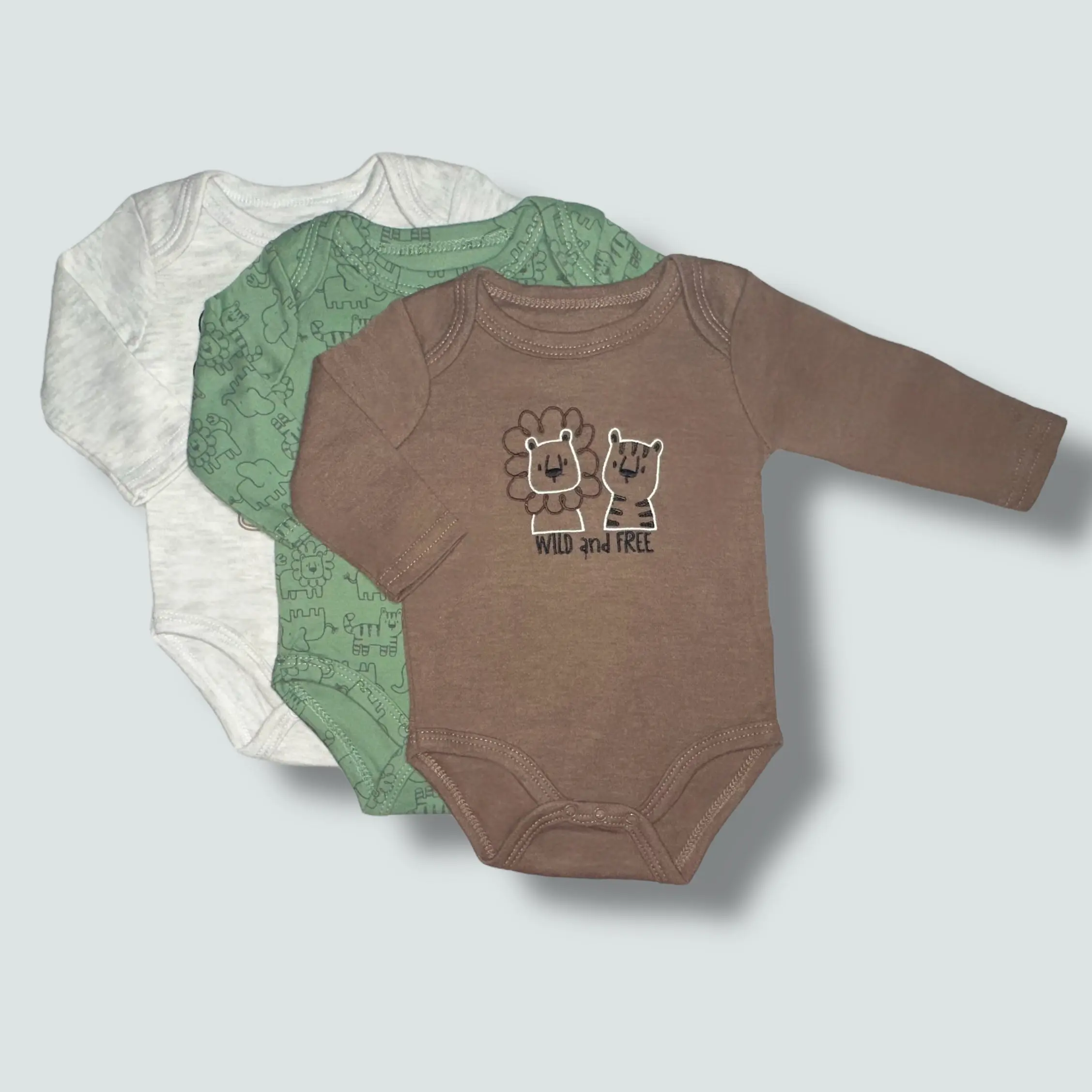 Boys' 3-Pack Long Sleeve Infant Bodysuit Creeper - Wild and Free, 0-3 Months, Cotton-Polyester Fabric, Tumble Dry Compatible, Pull-Over Ease