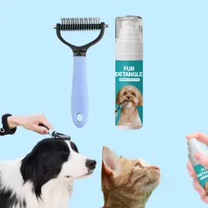 Fur Detangle Pet Hair Detangling Set with Gentle Detangling Comb & Hair Removal Spray for Dogs Stainless Steel 2-in-1 Tool for Knots and Tangles Skin-friendly Formula Dual-Sided Undercoat Grooming Brush