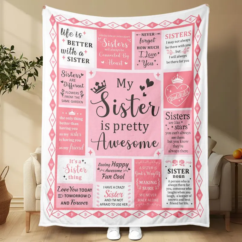 Sisters Letter Pattern Flannel Fleece Throw Blanket , Christmas gift for sister gift for girls Soft Throw Blanket, Cozy Room Accessories decoration Warm Napping Love Blanket for Home Office Travel, 2D Print Blanket Warmth