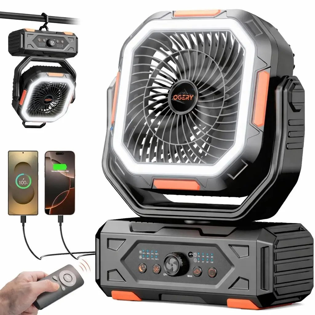 OGERY 2026 Upgraded Camping Fan, 30000mAh Rechargeable Fan with LED Lights & 270° Pivot, Remote Control Shaking Head Desk Fan for Tent Travel Home Multifunction Outdoor Activities