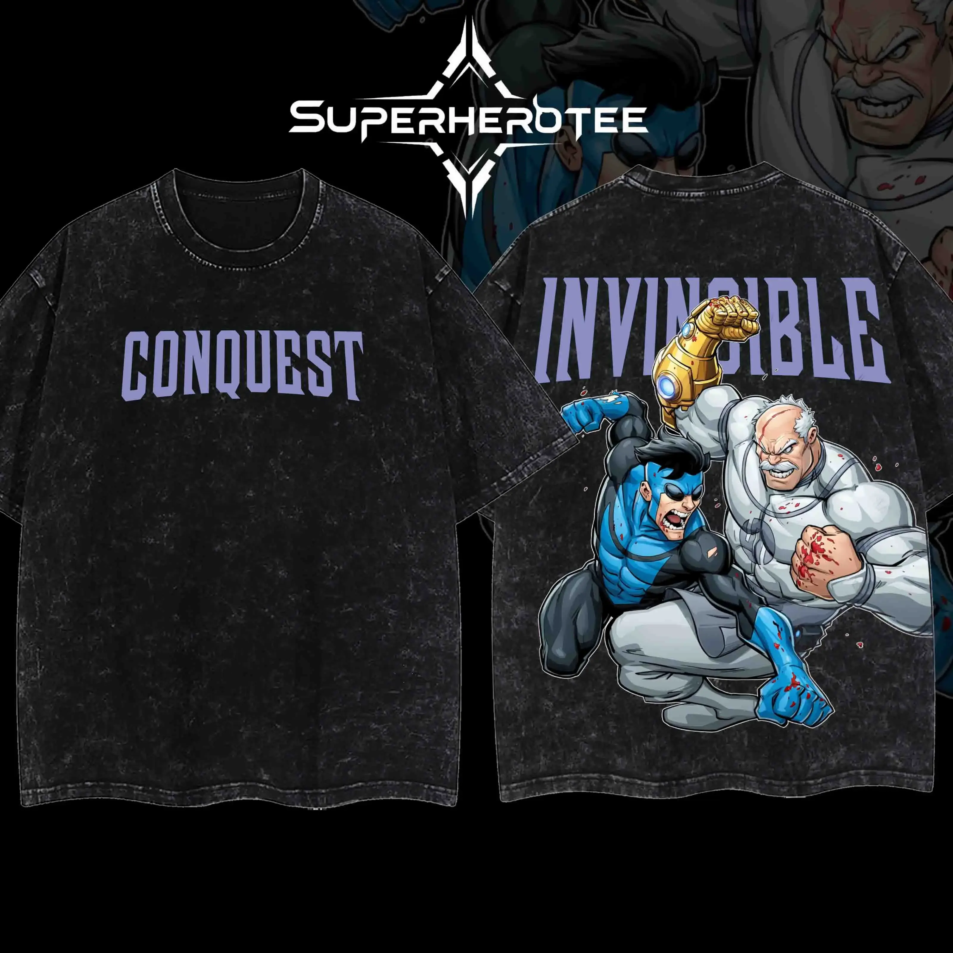 Men's Soft Short-Sleeve Ribbed Seamless Superhero T-Shirt - Superstyle Limited Edition Conquest Viltrumite Invincible War Comics Double Print, Lightweight Acid Washed Cotton Fabric, Unisex Casual Streetwear Top, Graphic, Casual Tee, Tshirt, Round Neck, Ja