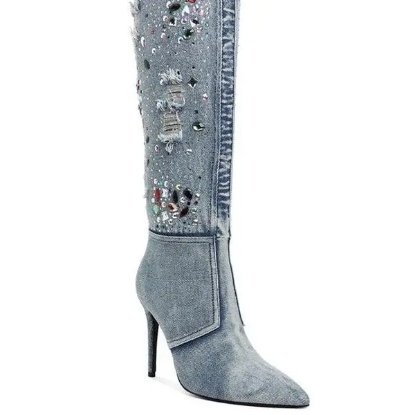 Cornik Multi Color Stones Denim Boots with Rhinestones and Distressed Design