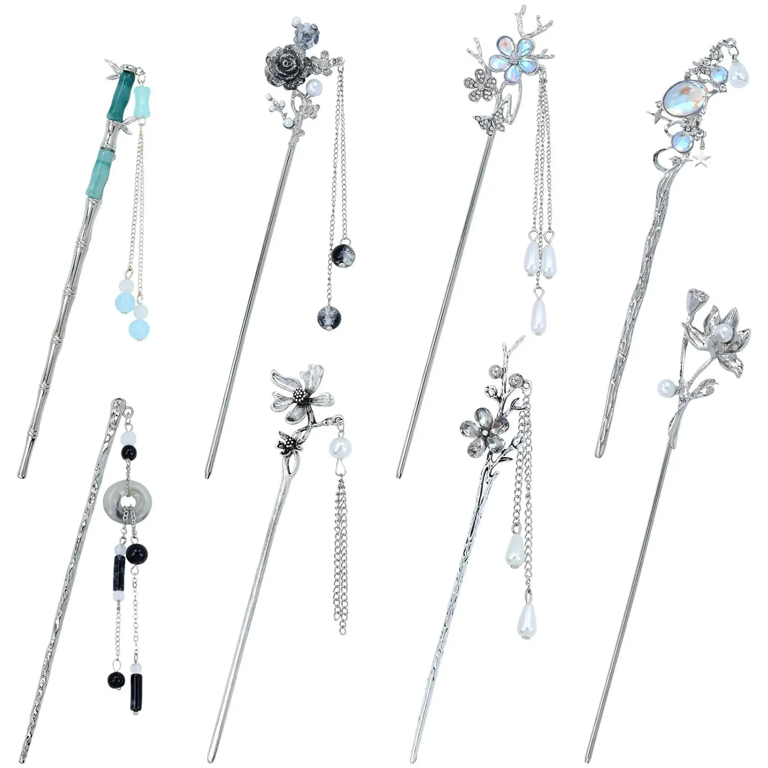 8pcs Retro Vintage Traditional Hanfu Silvery Metal Flower Bejeweled Assorted Bead Hair Pins - Multi-Size Bamboo Forks with Bead Pendants, Secure Hold for Lotus Long Hair Bun Updo Holders, Summerwins