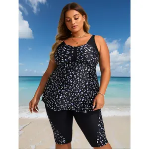 2026 New Plus Size Blue Dot Print Two-Piece Swimsuit Women'S U-Neck Ruched Tank Top + Knee-Length Bottoms for Beach Vacation, Casual & Modest Slimming,spring glow,tankini swimwear