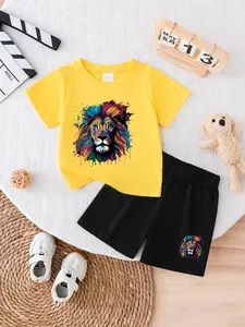 Baby Boys Spring Summer New Short Sleeve Shorts Set, Lion Classic Cartoon Print Round Neck T-Shirt, Casual Loose Fit, Outdoor Play School Shopping