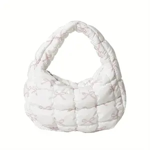 Women's Lightweight Quilted Puffer Tote Bag - Casual Chic Checkered Pattern Nylon Handbag with Zipper Closure, White & Black Polyester Lining for Everyday Use