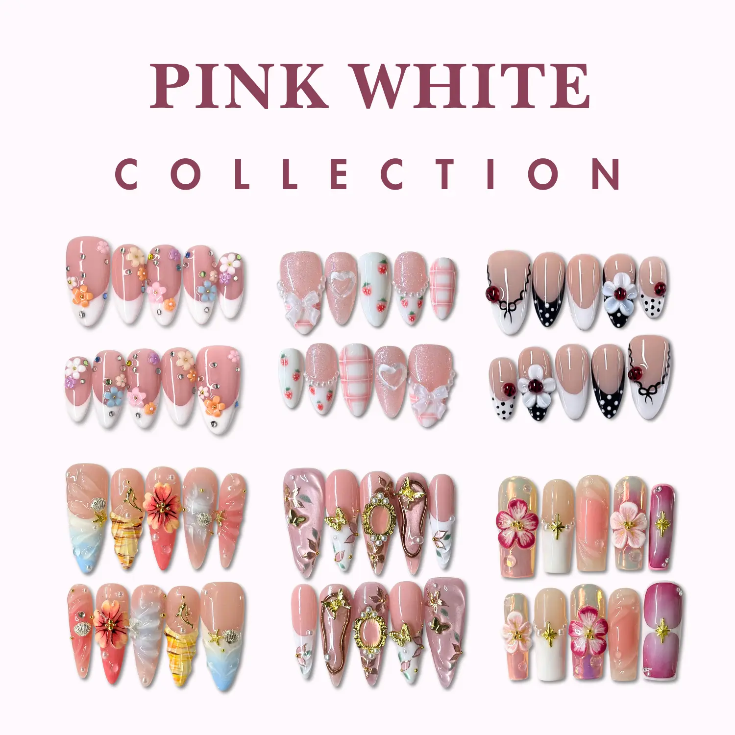 NailPhoria PINK / WHITE Collection - Handmade Press-On Nails | Reusable, Salon-Quality, Long-Lasting, Glossy Design