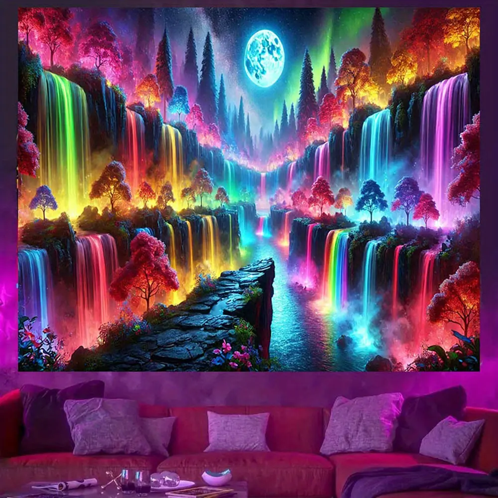 Glow-in-the-Dark Neon Galaxy Tapestry, UV Reactive Blacklight Waterfall & Rainbow, Polyester,  Perfect for Dorms, Living Rooms, Garden, Universal Use, Birthday, Anniversary, Bachelor Party, Living Room, Garden,Tapestry