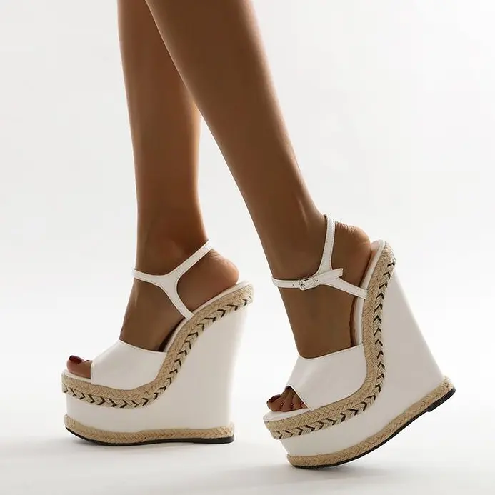 Viral Extreme 7" Platform Wedge Sandals | Y2K Bratz Espadrille Heels | Super High Summer Vacation Shoes | White Ankle Strap Wedges