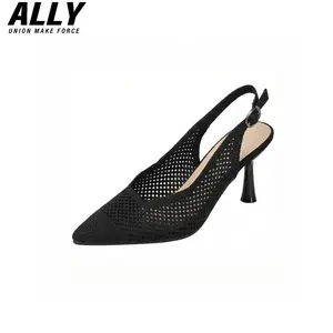 ALLY Mesh Slingback Heels | Black Pointed Toe Breathable Knit Kitten Heel Pumps | Elegant Dressy Backless Shoes for Daily Wear, Office, Date Night, Party