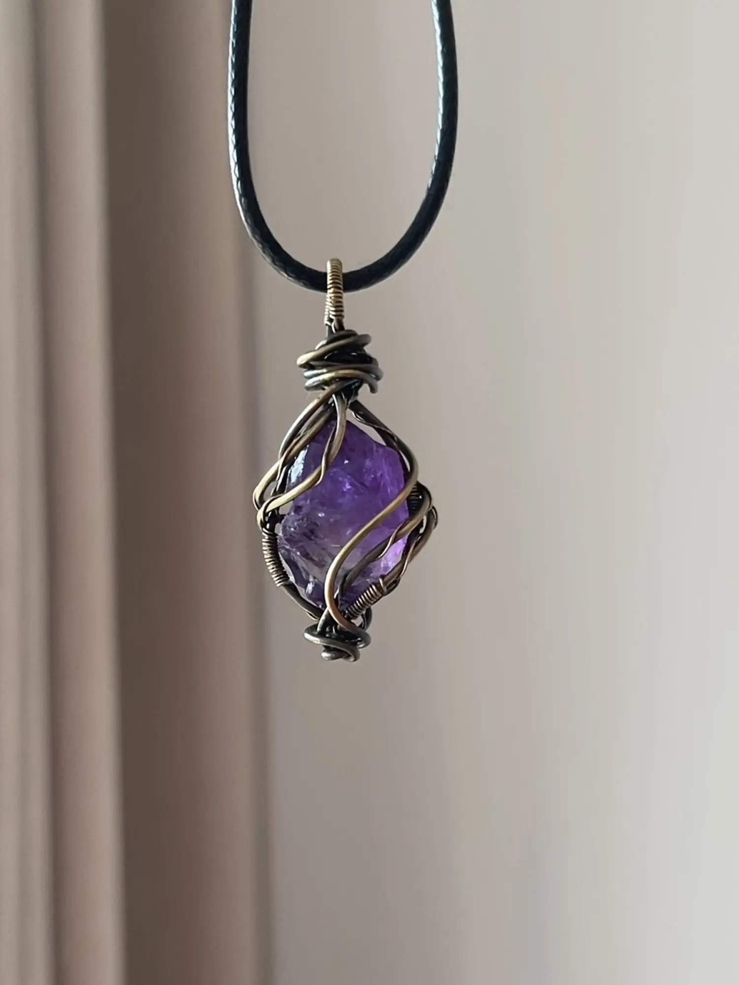 Handmade Natural Amethyst Stone Necklace, Antique Copper Color Wire Wrap Pendant, Healing Crystal Amulet, Calms Anxiety, Protects Heart