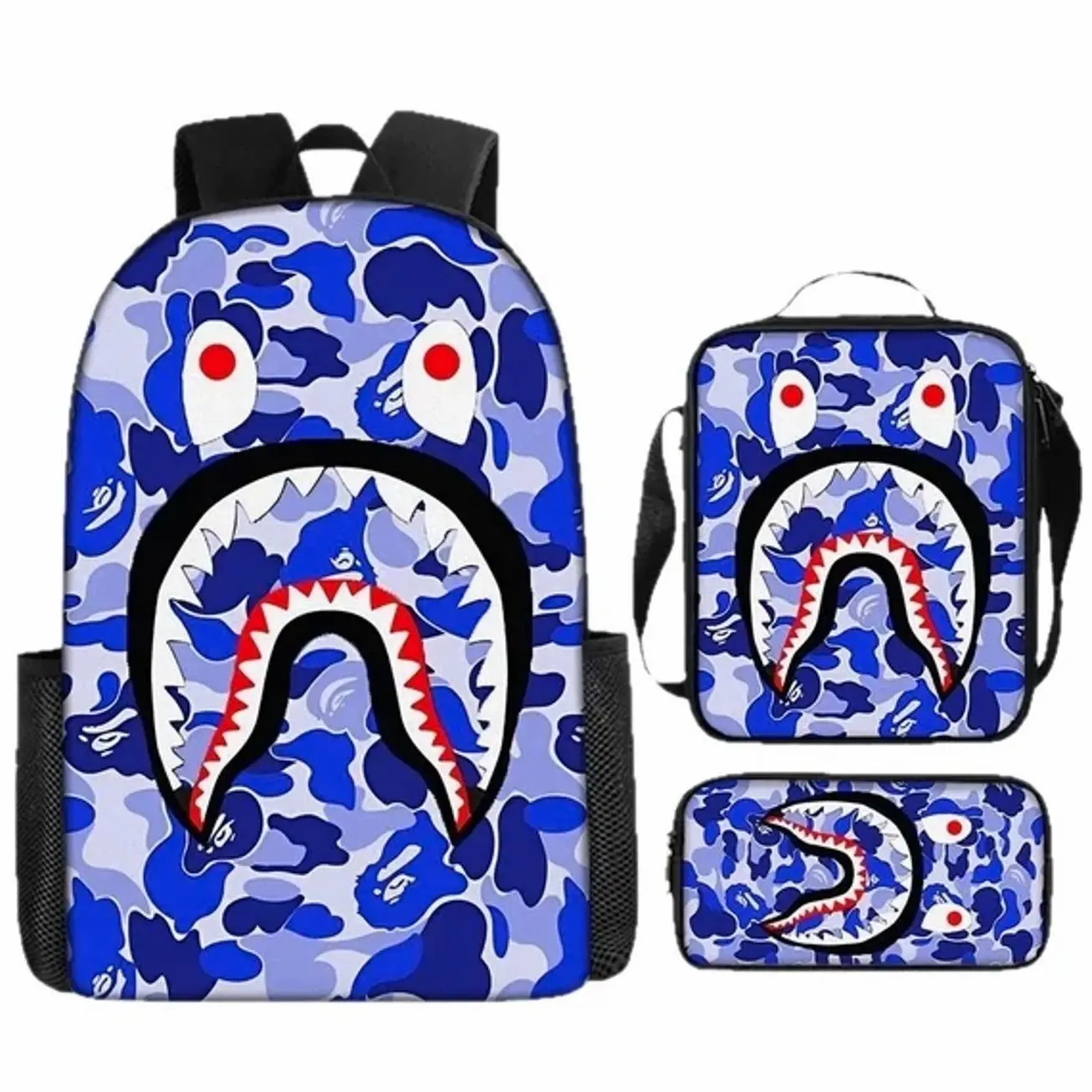 Graphic Camo Ocean Predator Shark Mascot Schoolbag Set | 3Pcs Lightweight Large Capacity Bookbag Lunch Tote Pencil Pouch | Holiday Gift