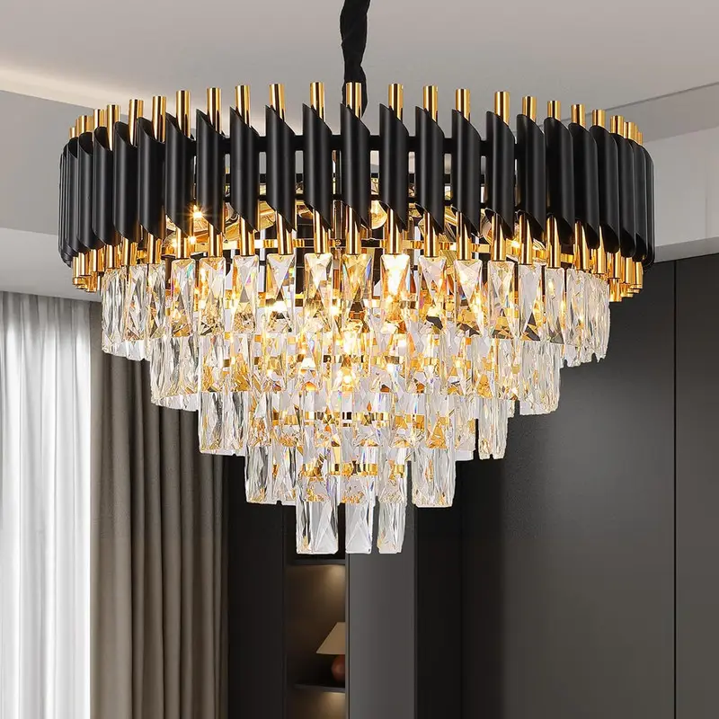 【Labor Day Sale】3-Tier 5-lights/4-Tier 7-lights/5-Tier 10-lights modern crystal chandelier, black and gold chandelier fixture, modern chandelier for l