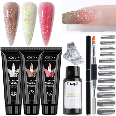 Fcozpjk Poly Gel Nail Kit 3Colors Wine Red Brown Poly Gel With Chunky Glitter Iridescent Builder Gel Nail Kit Slip Solution Dual Nail forms Nail Clips for Poly Gel Nail Starter Kit Home Manicure