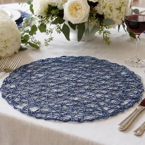 6-Pack Table Placemats Woven Fiber Design Denim Blue Round - Disposable Mats for Dining and Events 15"