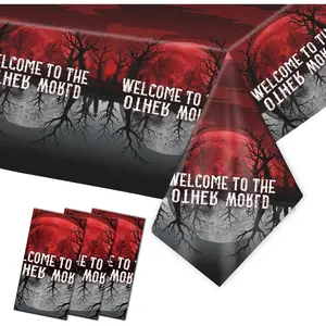 3pcs Welcome to The Other World Tablecloth, 137x274cm/54x108in Spooky Invert Demon Backdrop Banner Table Cover Red and Black Table Cloth Runner for Birthday, Halloween Party Supplies, Room Decorations