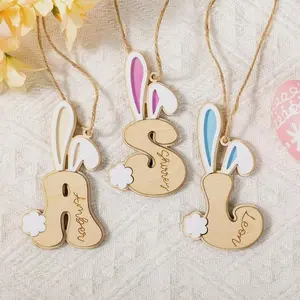 Personalized Bunny Initial Wooden Ornament – Custom Easter Bunny Letter Ornament, Rustic Farmhouse Decor, Kids Name Hanging Decoration, Handmade Wood Bunny Monogram Gift