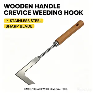 Wooden Handle Crevice Weeding Hook, Stainless Steel L‑Shape Hand Weeder Tool, Manual Weed Moss Remover for Brick Pavement Patio Tile Cracks, Handheld Garden Weeding Cleaning Tool for Yard Courtyard