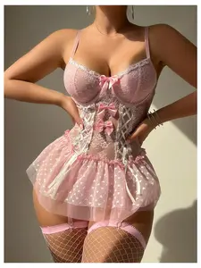 4 Piece Babydoll Lingerie Set Sexy Bow Lace Mesh Underwire Corset Top and Thong Set with Garter Stockings