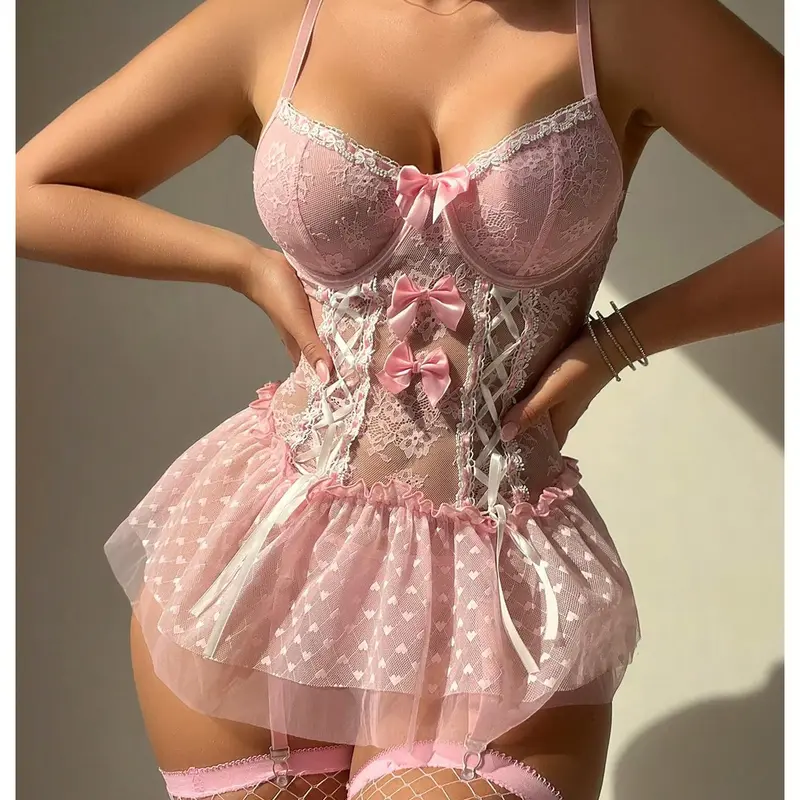 4 Piece Babydoll Lingerie Set Sexy Bow Lace Mesh Underwire Corset Top and Thong Set with Garter Stockings