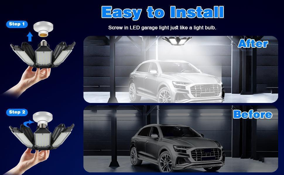 Led Garage Light - 200W 20000LM Super Bright 6500K Garage Lights Ceiling Led w/ 8 Adjustable Panels Compatible for E26/E27 Garage Light Socket Applicable for Workshop Barn Warehouse Attic