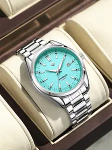 Men's Business Fashion Round Dial Analog Quartz Watch with Date Display Function, Stainless Steel Wristwatch, Casual Versatile Stainless Steel Strap Watch for Party, Daily Clothing Decor, Watch for Birthday Gift