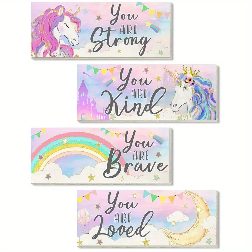 4-Piece Unicorn Wall Art Set for Girls Room, Inspirational Quote Board for Bedroom and Nursery, Rectangle Shape with Motivational Unicorn and Rainbow Design, Unframed Wall Art Painting Wall Decoration Decorative Artwork, Home Wall Art, Decoration Items