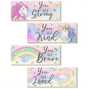 4-Piece Unicorn Wall Art Set for Girls Room, Inspirational Quote Board for Bedroom and Nursery, Rectangle Shape with Motivational Unicorn and Rainbow Design, Unframed Wall Art