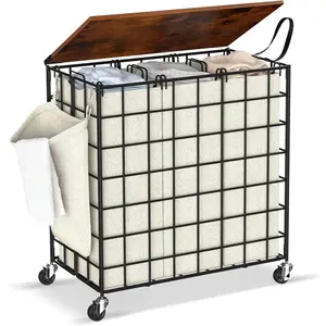 Laundry Basket with Wheels, Laundry Sorter 3 Sections, 140L (37Gal.) Large Capacity Laundry Hamper with Wood Lid, 360 Rolling Wheels, Side, Pull Handle (Beige)