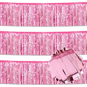 3 Pack 10 Ft Pink Foil Fringe Garland Metallic Streamers Tinsel Banner Wall Hanging Garland Backdrop for Parade Floats, Halloween, Christmas, Thanksgiving, New Year Party Decorations