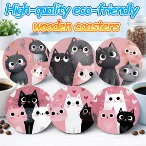 Trending Whimsical Cat Couple Coasters 6PCS – Matching Cute Cat Non-Slip Heat Resistant Round Wood Drink Coasters for Kitchen Counter Coffee Table – Cottagecore Aesthetic Room Decor – Perfect Wedding Anniversary Birthday Housewarming Gift for Cat Lovers