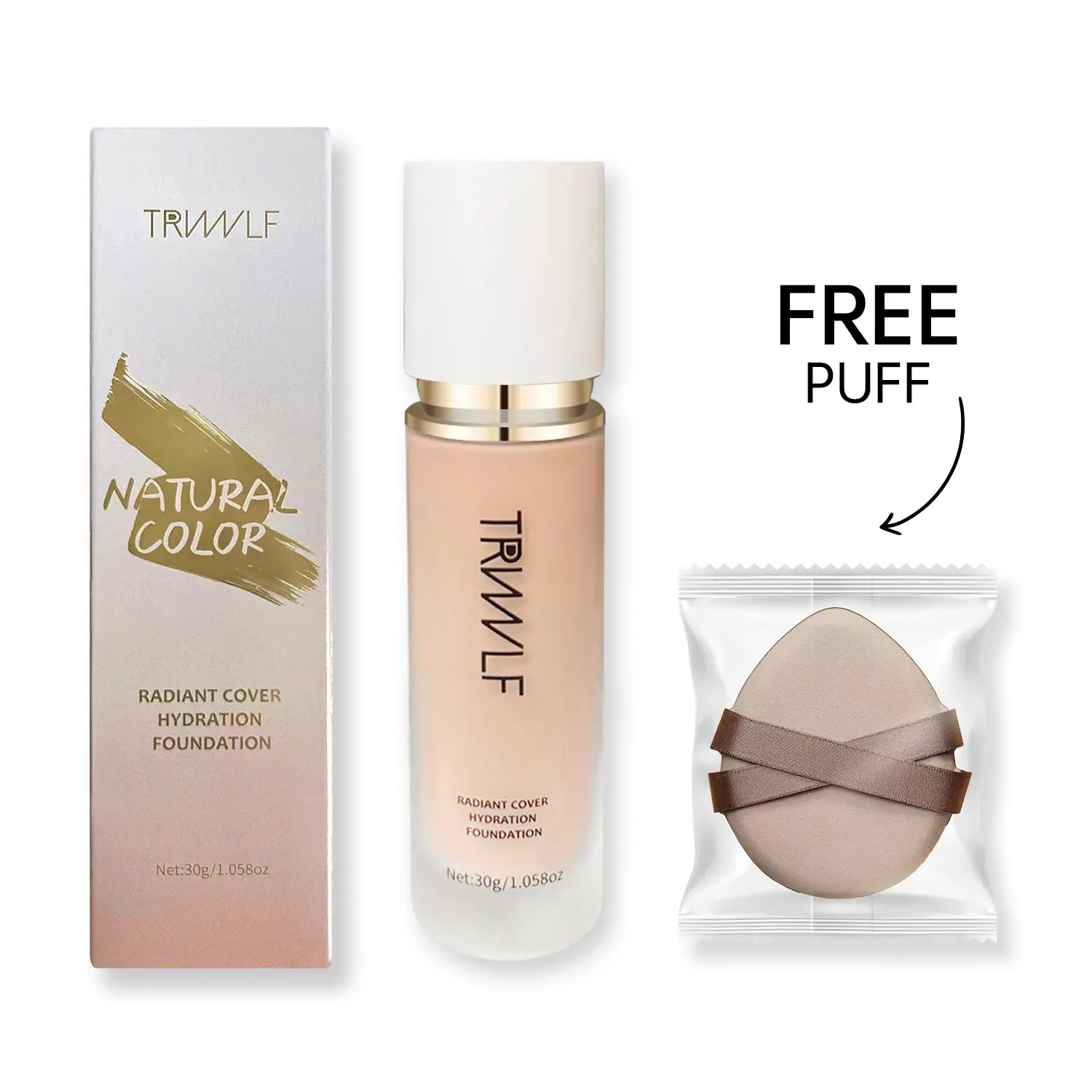 TRVWLF Natural Color Radiant Cover Hydration Cosmetic Foundation, Lightweight, Moisturizing, Blendable, Long-Lasting with Free Puff