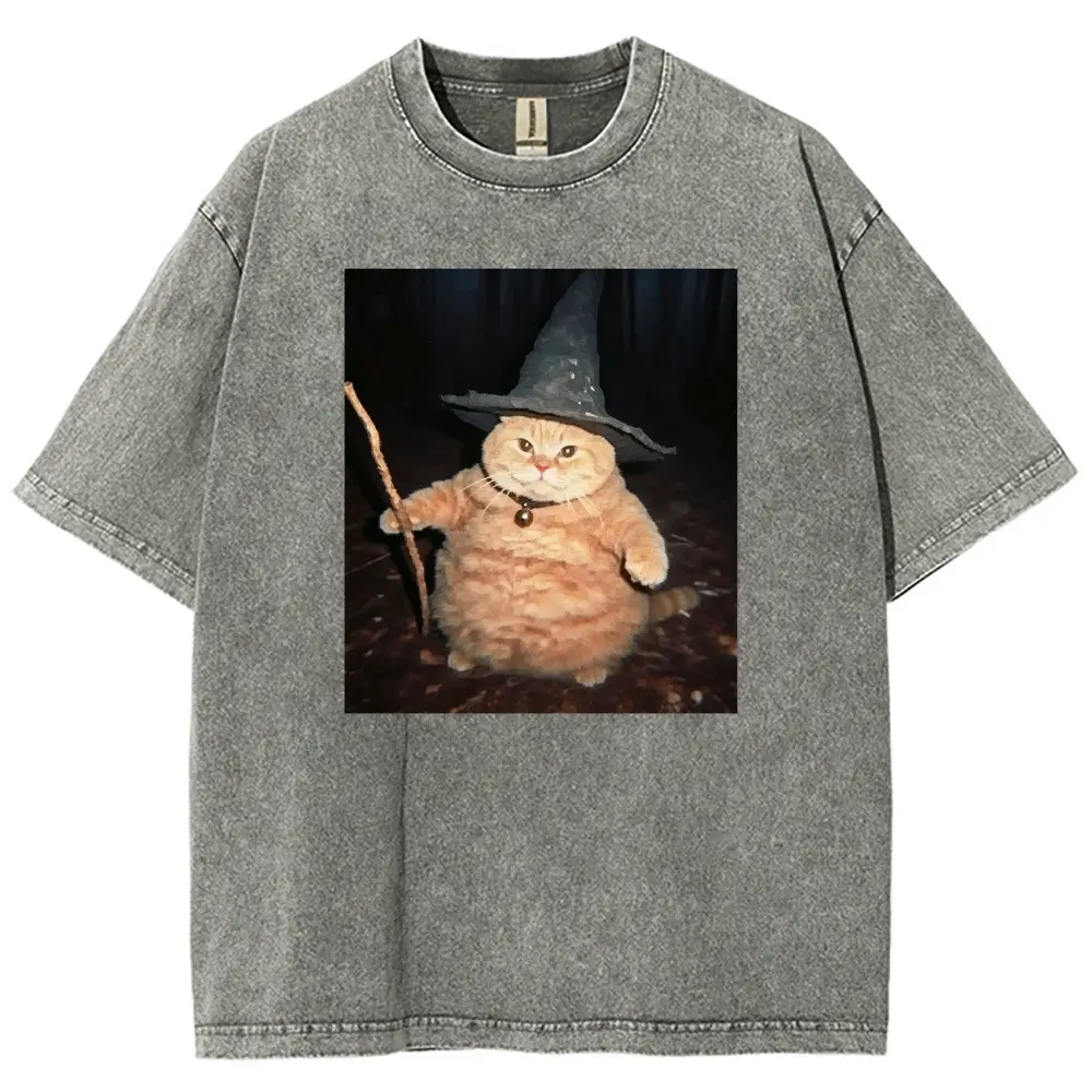 Wizard Orange Cat Meme Washed Graphic T-Shirt, Funny Witch Cat Print, Gift For Halloween & Cat Lovers