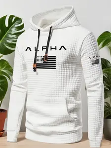 Men's American Flag & Letter Print Textured Drawstring Hoodie, Regular Fit Casual Comfy Long Sleeve Kangaroo Pocket Design Hooded Sweatshirt, Casual Pullover Hoodies for Daily Wear, Men's Top for Fall & Winter